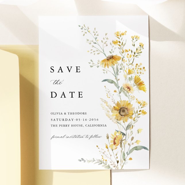 Gul Vildblomma Solros Bröllop Spara Datumet (Yellow sunflower wildflower save the date card watercolor floral elegant garden wedding stationery)