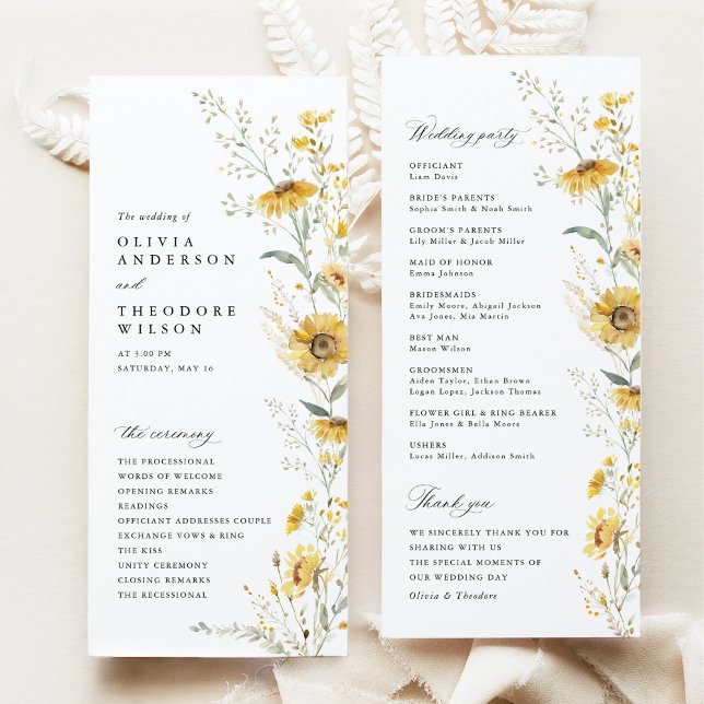 Gul Vildblomma Solros Bröllopsceremoni Program (yellow wildflower sunflower wedding program floral ceremony program garden wedding stationery)