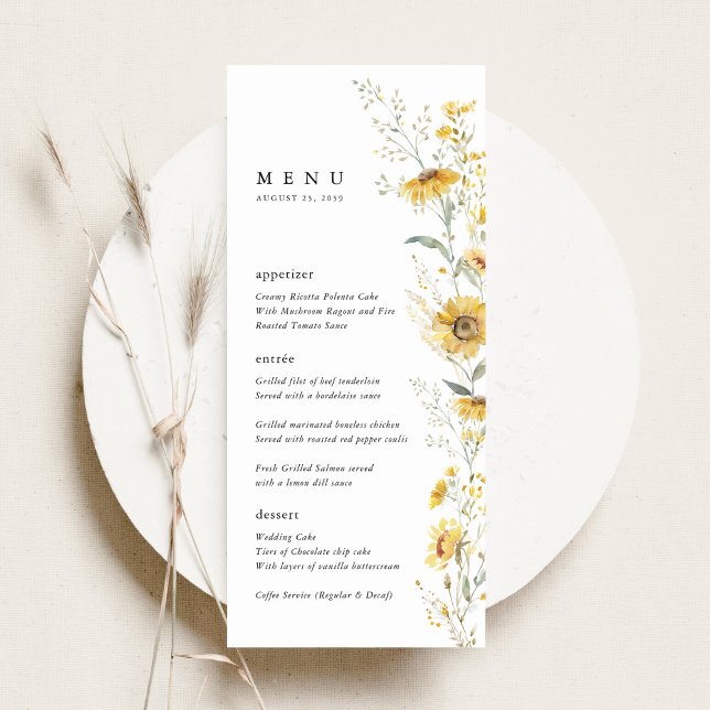 Gul Vildblomma Solros Bröllopsmottagning Meny (yellow wildflower sunflower wedding menu card watercolor floral menu elegant wedding menu)