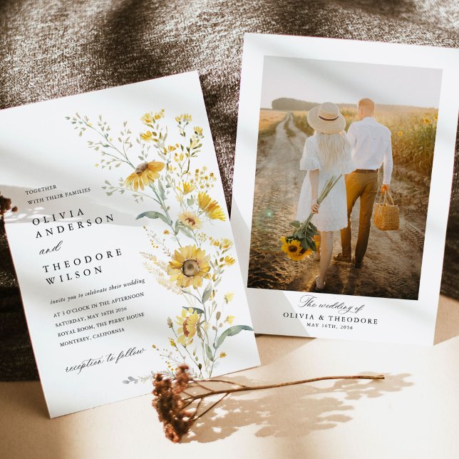 Gul Vildblomma Solros Foto Bröllop Inbjudningar (Yellow sunflower wildflower photo wedding invitation watercolor floral rustic garden wedding)