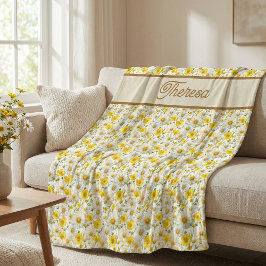 Gul vildblommönster monogramnamn fleecefilt