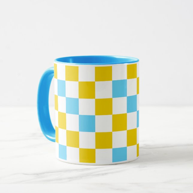 Gul Vit Blå Rutig Design Mugg (Framsida vänster)