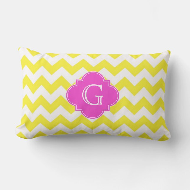 Gul Vit Chevron Hot Rosa Quatrefoil Monogramm Lumbarkudde (Framsida)