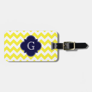 Gul Vit Chevron Marinblå Fyrklöver Monogram Bagagebricka
