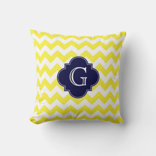 Gul Vit Chevron Marinblå Fyrklöver Monogram Kudde