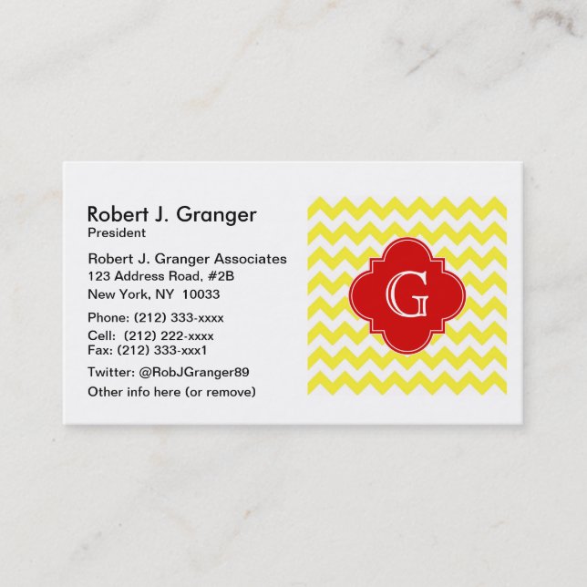 Gul vit Chevron Red Quatrefoil Monogram Visitkort (Framsida)