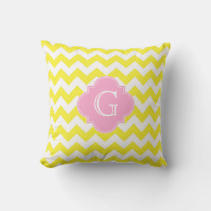 Gul Vit Chevron Rosa Fyrklöver Monogram Kudde
