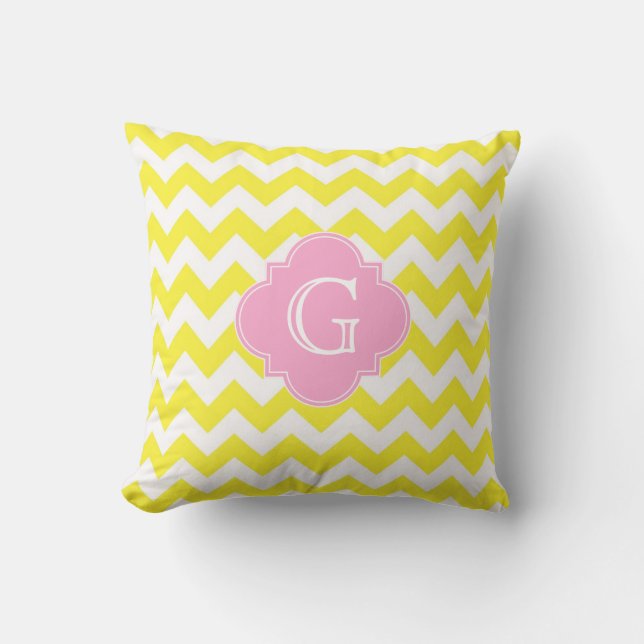 Gul Vit Chevron Rosa Fyrklöver Monogram Kudde (Framsida)