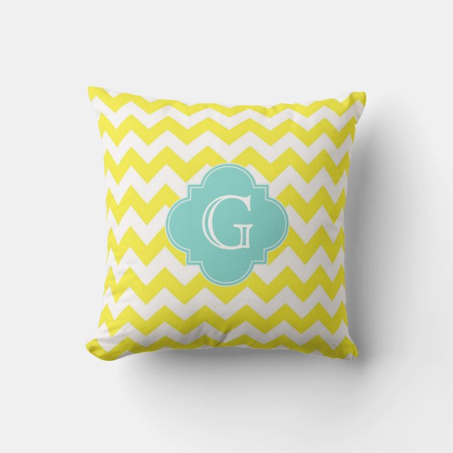 Gul Vit Chevron Sicksack Aqua Fyrklöver Monogram Kudde (Framsida)