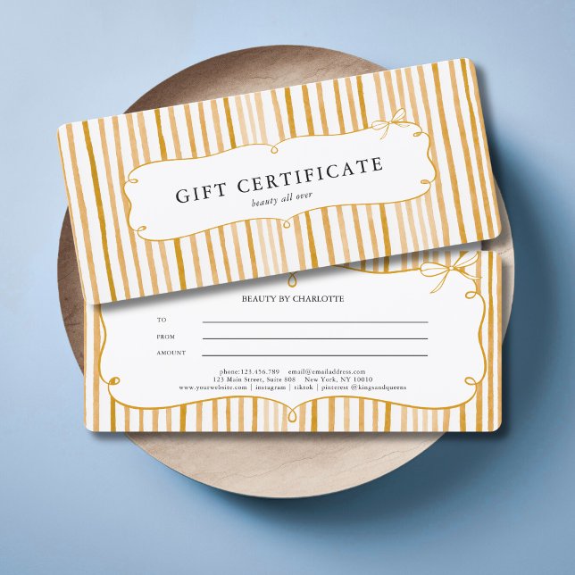 Gul Vit Rand Vintage Slinga Presentcertifikat (Yellow White Stripe Vintage Bow Gift Certificate)