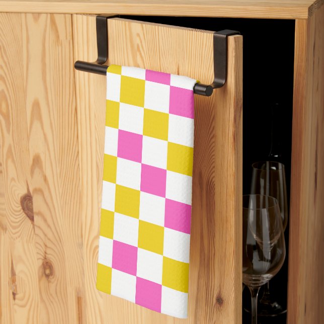 Gul Vit Rosa Rutig Design  Kökshandduk (Thirds Fold)