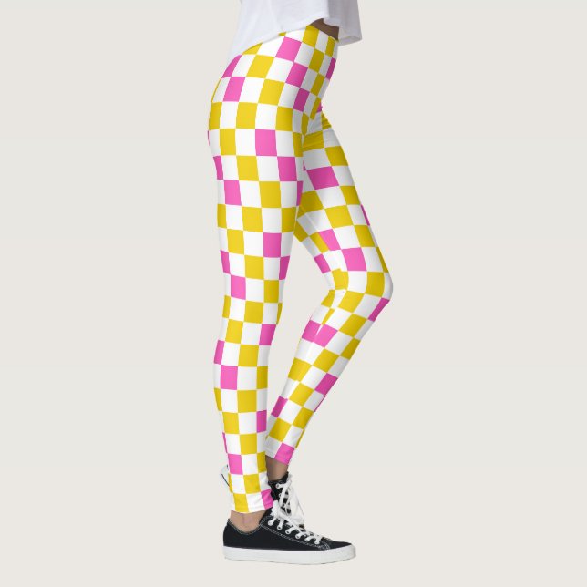 Gul Vit Rosa Rutig Design  Leggings (Höger)