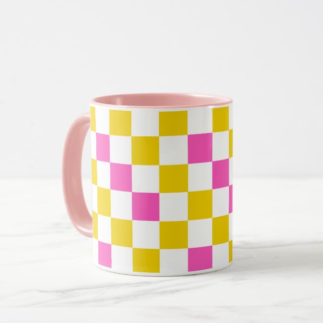 Gul Vit Rosa Rutig Design  Mugg (Framsida vänster)