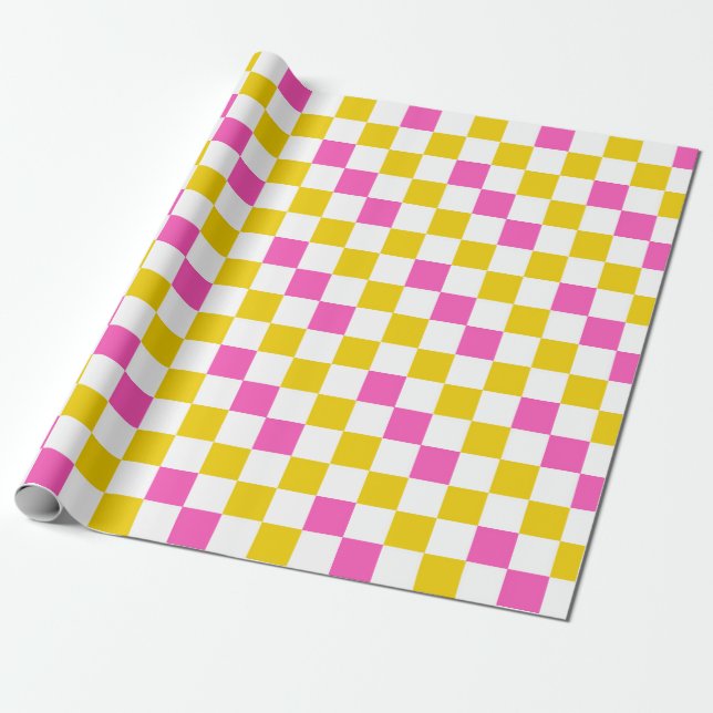 Gul Vit Rosa Rutig Design  Presentpapper (Utrullad)