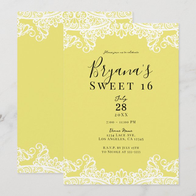 Gul & Vit Spets Elegant Sweet 16-fest Inbjudningar (Fram/baksida)