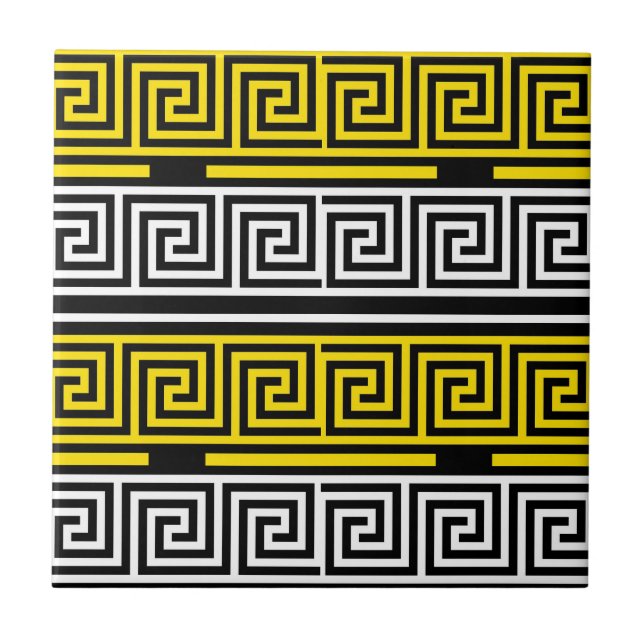 Gul Vit Svart Grekisk Nyckel Fret Mönster Design  Kakelplatta (Framsidan)