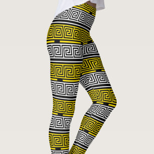 Gul Vit Svart Grekisk Nyckel Fret Mönster Design  Leggings