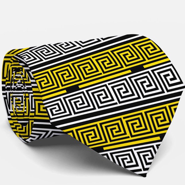 Gul Vit Svart Grekisk Nyckel Fret Mönster Design  Slips (Skapare uppladdad)