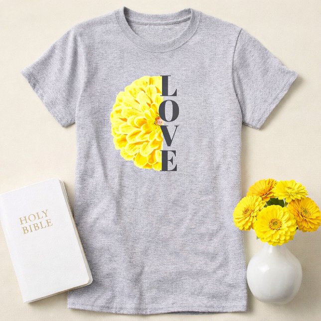 Gul Zinnia-blomma Blommig Kärlek Kristet T Shirt (Bright Yellow Zinnia Flower Love Christian Shirt)