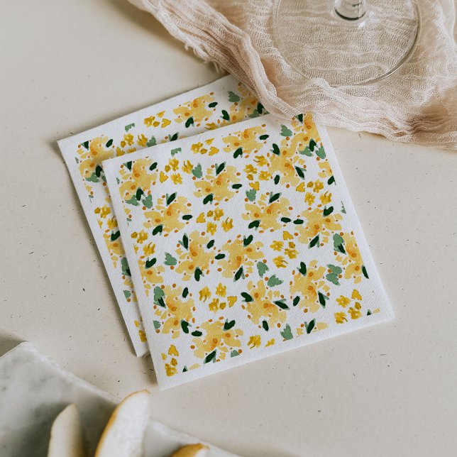 Gula akvarellblommiga trädgårdsnäsdukar pappersservett (Yellow floral garden paper party napkins.)