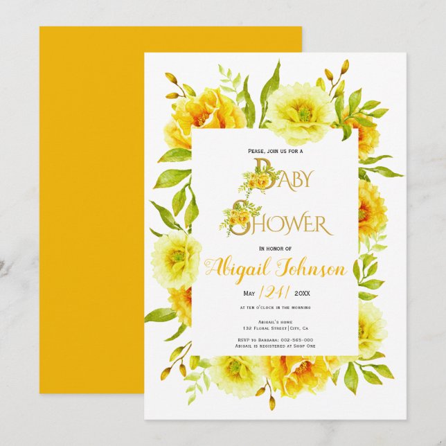 Gula akvarellblommor neutral baby shower inbjudningar (Fram/baksida)