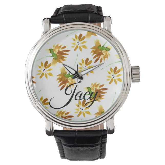 Gula akvarellblommor Skriptnamn Mors dag Armbandsur (Framsida)