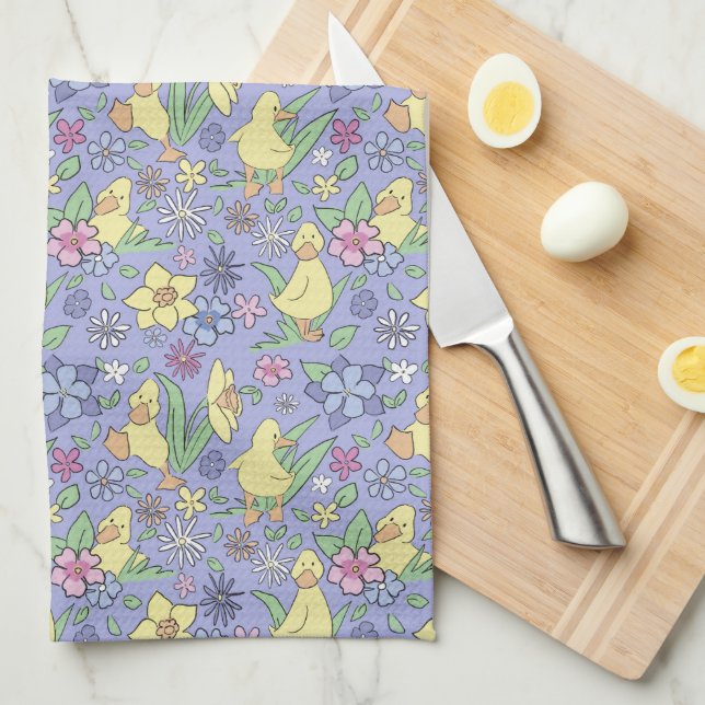 Gula ankungar Färgglada blommor Lila vår Kökshandduk (Vikt i Fjärdedel)
