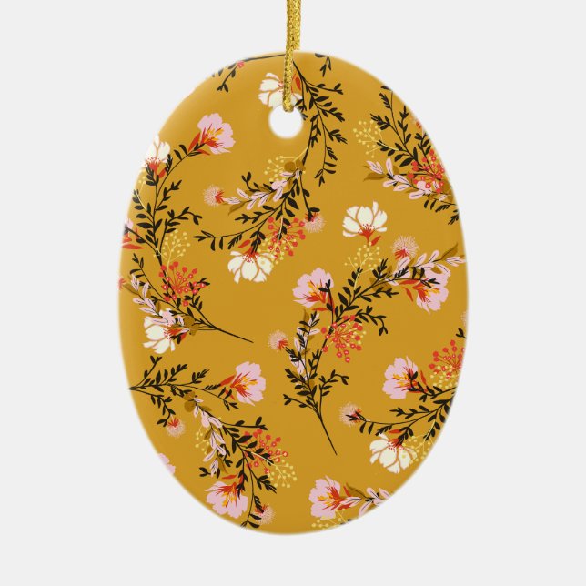Gula bakgrundsblommor julgransprydnad keramik (Framsidan)