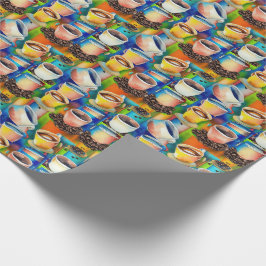 Gula Blå Kaffe Koppar Akvarell Mönster Presentpapper