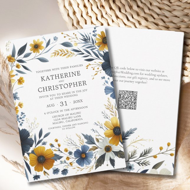 Gula Blå Vilda Blommor Elegant Akvarell Bröllop Inbjudningar (Blue Yellow Watercolor Wildflowers Elegant Wedding Invitation with QR Code for Wedding Website.)