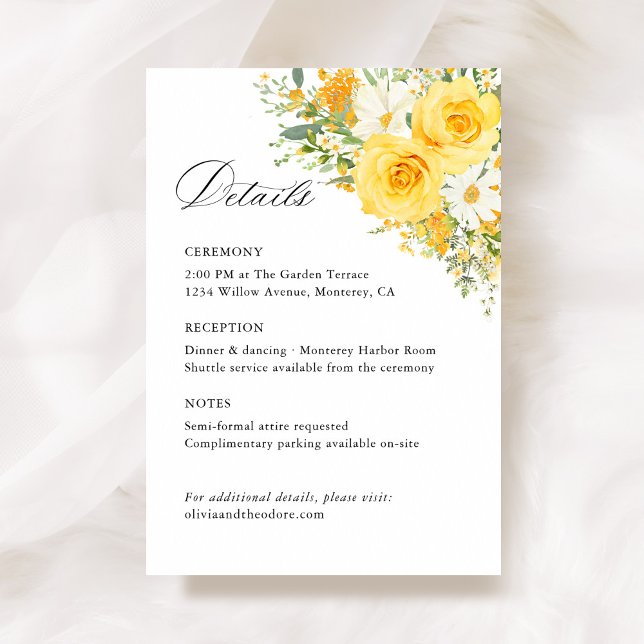 Gula blommiga rosbröllopsdetaljer, Information Tilläggskort (Yellow floral wedding details card, watercolor roses, garden wedding stationery information card)