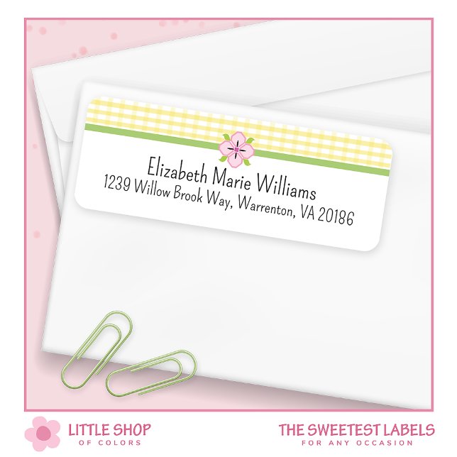 Gula blommiga rutmönster returadress etikett (Skapare uppladdad)