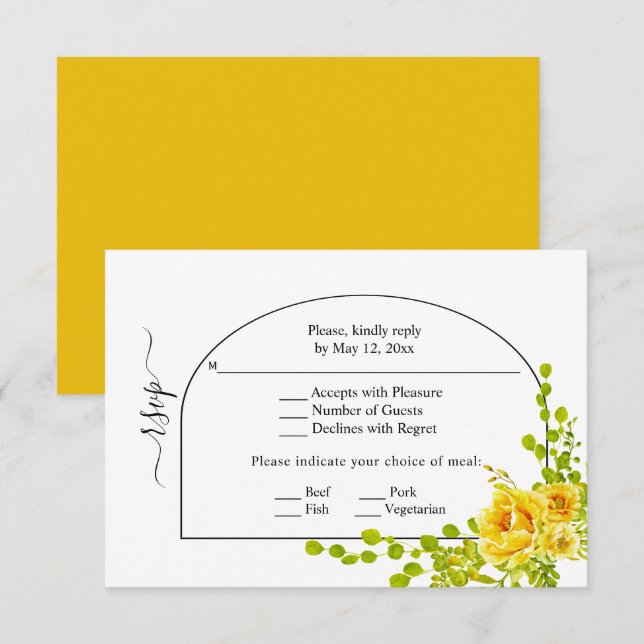 Gula blommor, båge och monogrambröllop OSA kort (Fram/baksida)