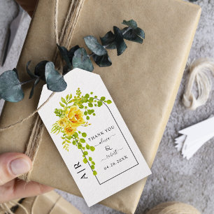 Gula blommor, båge och monogrambröllop presentetikett