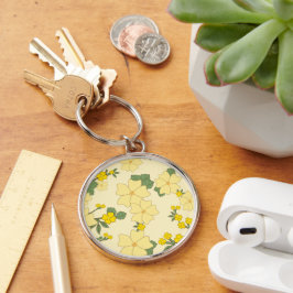 Gula blommor, Blommönster, Mönster om blommor Rund Silverfärgad Nyckelring