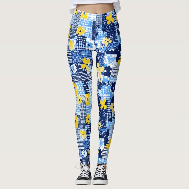 Gula blommor Blue Mönster Leggings (Framsida)