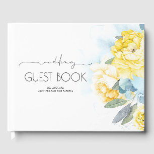 Gula blommor Dusty Blue Greenery Bröllop Gästböcker