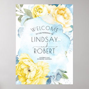 Gula blommor Dusty Blue Watercolor Bröllop Poster