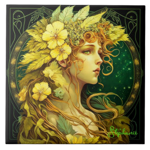 Gula blommor Forest Fairy Fantasy Kakelplatta