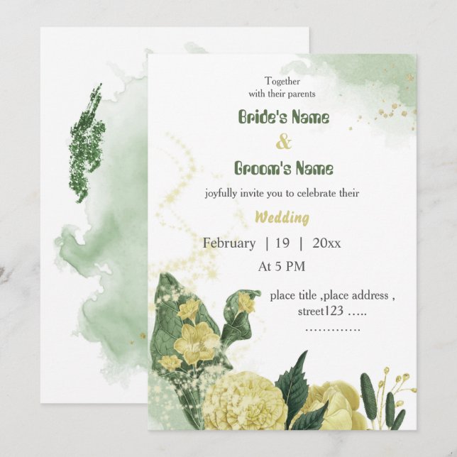 gula blommor greenery bröllop inbjudningar (Fram/baksida)