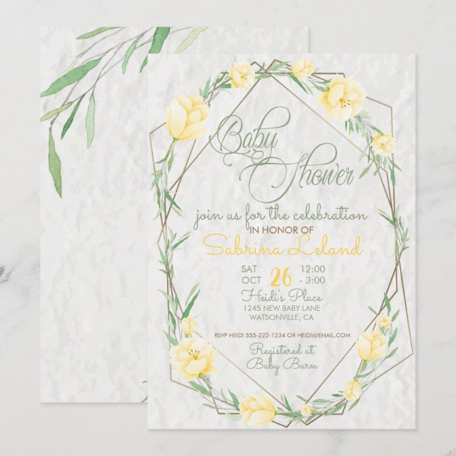 Gula blommor Greenery Terrarium Baby Shower Inbjudningar (Fram/baksida)