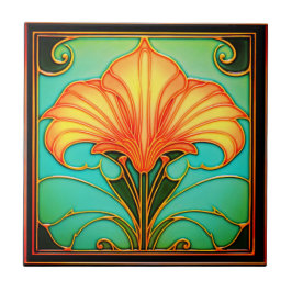 Gula blommor Grönt Löv Art Deco Ceramic Tile Kakelplatta
