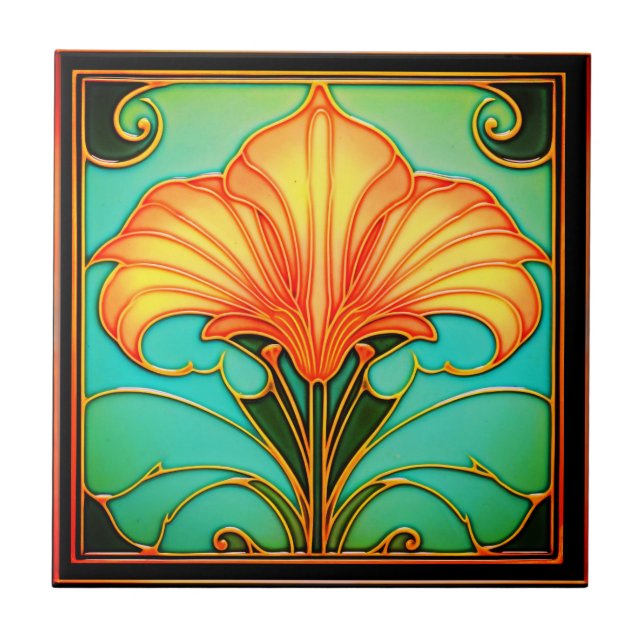 Gula blommor Grönt Löv Art Deco Ceramic Tile Kakelplatta (Framsidan)