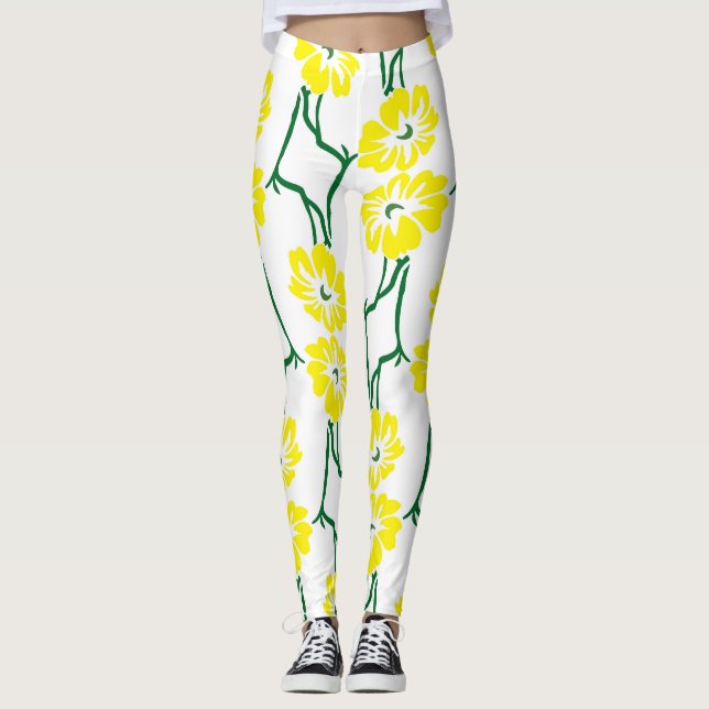Gula blommor: Illustrerat sjölöst Mönster Leggings (Framsida)