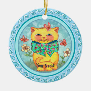 Gula blommor katt julgransprydnad keramik