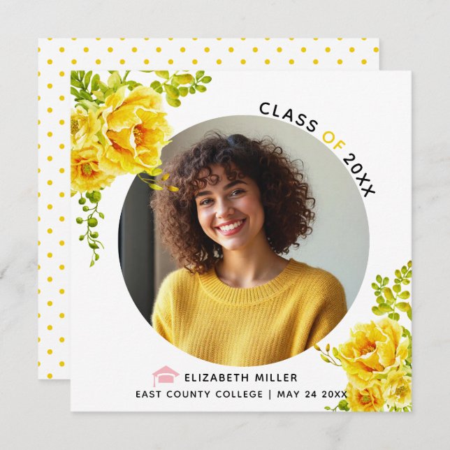 Gula blommor-klass för 2025 studenten-foto meddelande (Fram/baksida)