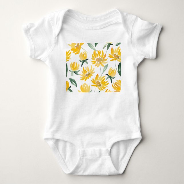Gula blommor Löv Sommar Mönster T Shirt (Framsida)