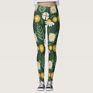 Gula blommor med gröna blad leggings