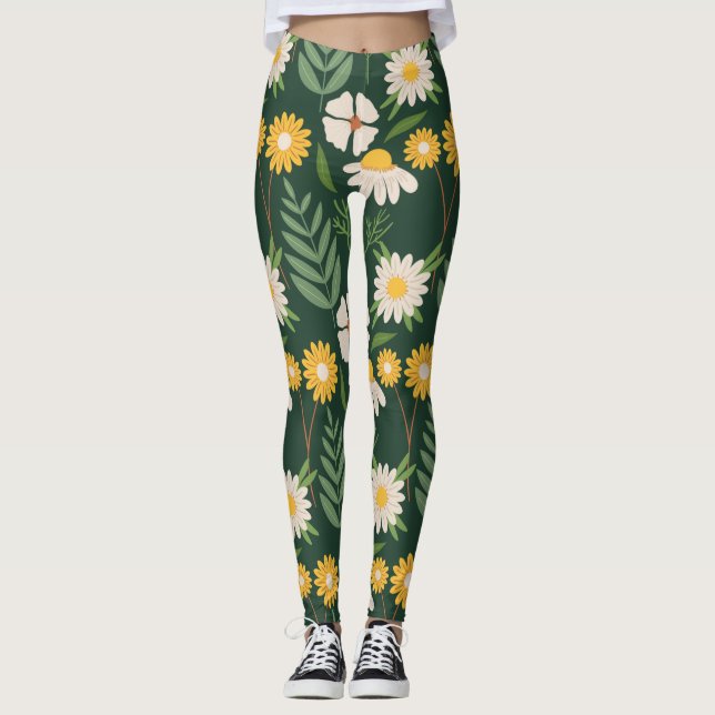 Gula blommor med grönt löv leggings (Framsida)