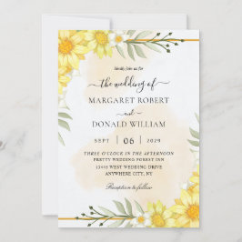 Gula blommor med gyllene bröllopsinbjudningar inbjudningar